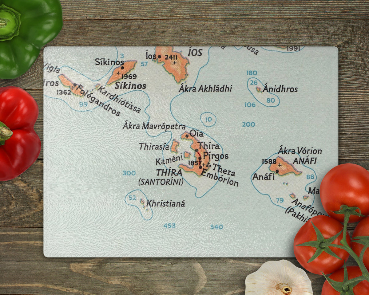 Santorini Greece Vintage Map Glass Cutting Board | Travel Gift