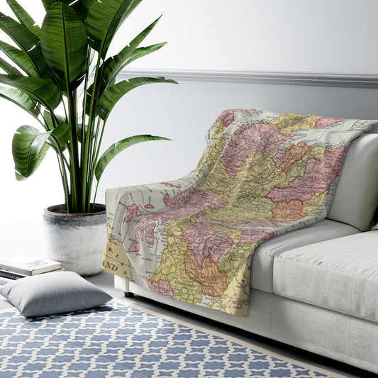 Scotland Map Sherpa Fleece Blanket | Vintage Scotland Travel Throw | Cozy Scottish Home Decor