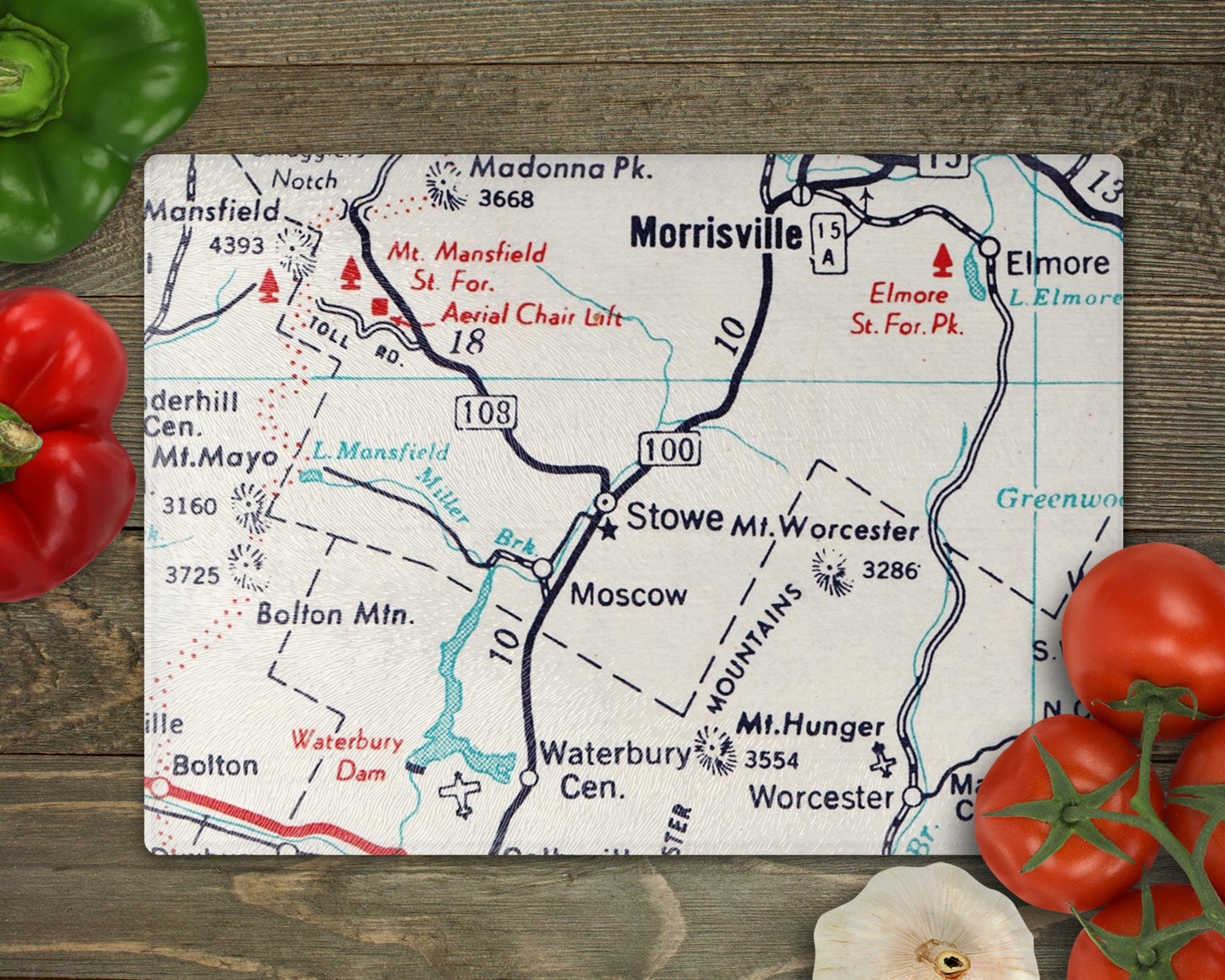 Stowe Vermont Vintage Map Cutting Board Charcuterie