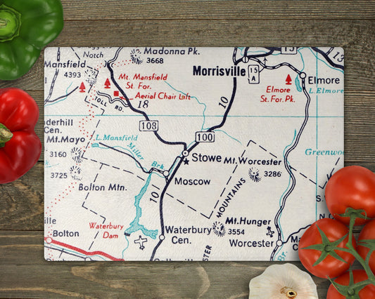 Stowe Vermont vintage map glass cutting board