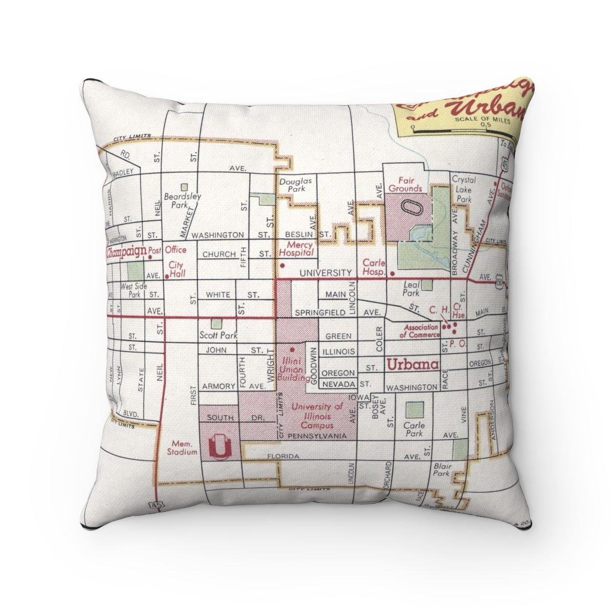 University of Illinois vintage map pillow