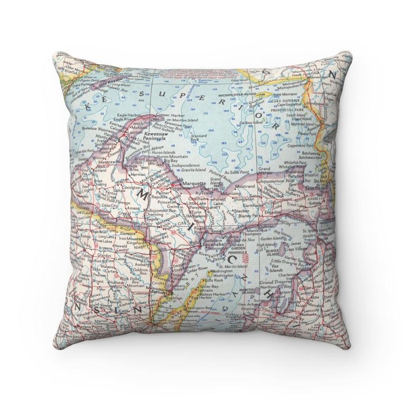 Upper Peninsula Michigan vintage map pillow
