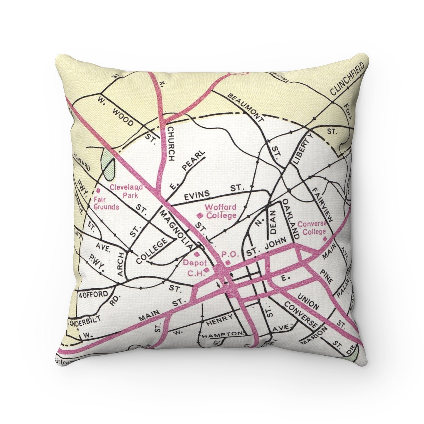 Wofford College vintage map pillow